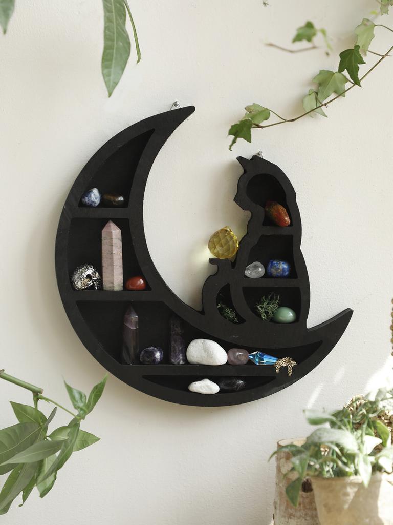 1pc Cat On The Moon Floating Wall Shelf Crystal Shelf Display Black Crystals Stone Essential Oil Small Plant Art Home Decoration