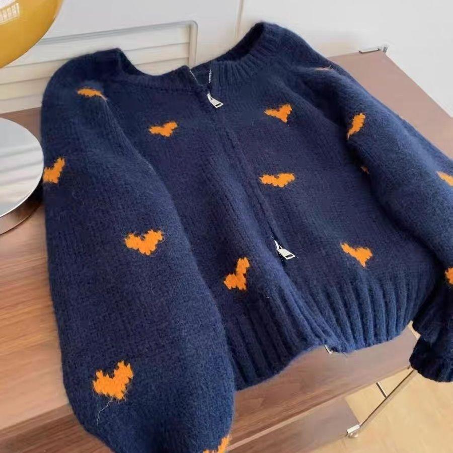 

Темно-синий вязаный кардиган с сердечками, топ на начало осени, женский наряд в корейском стиле, ленивый модный свитер-пальто XL