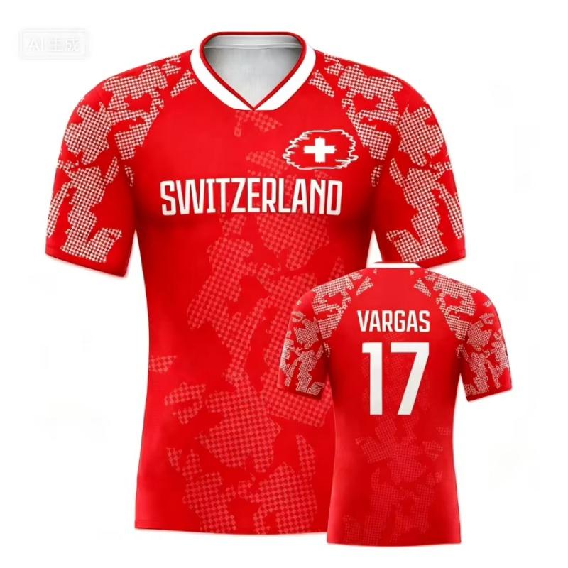 Switzerland Football Jersey V-Neck Swiss Cross Flag Print Quick Dry Soccer Shirt for Women Kids