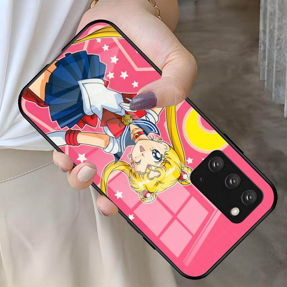 S-Sailor M-Moon Anime Phone Case For Samsung S25 S24 FE S23 S22 S21 Plus S20 Ultra Note20Ultra Black Glass Cover