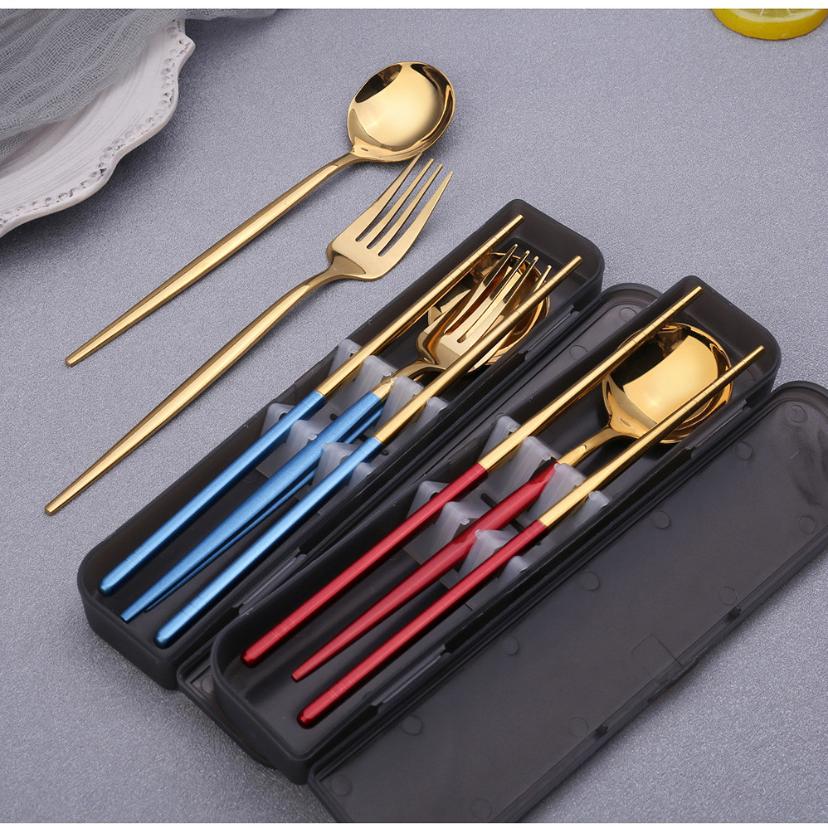 3Pcs Spoon Fork Chopsticks Set With Storage Box Stainless Steel Coffee Snacks Fruit Dessert Fork Spoon Kitchen Teaspoon Set
