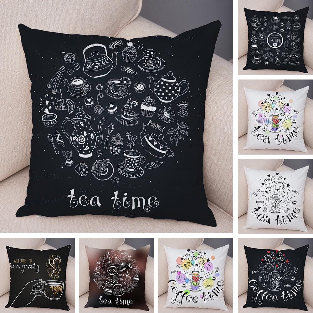 Coffee Time Cushion Cover Colorful Stacked Cup Design Polyester Bedroom Decor Throw Pillow Case