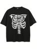 Grunge Retro Bone Chest Skeleton Graphic Tee Loose Fit Goth Punk Unisex Daily Street Fashion Shirt