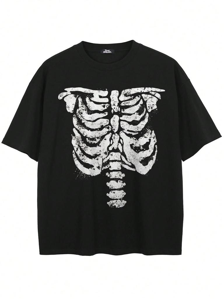 Grunge Retro Bone Chest Skeleton Graphic Tee Loose Fit Goth Punk Unisex Daily Street Fashion Shirt