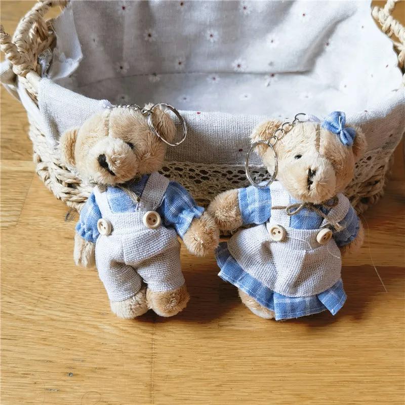 Lief Paartje Pluche Teddybeer Tasbedel Sleutelclip Rood Blauw Geruit Outfit Strik Meisje Jongen Beer Poppetje Hanger Koppel Souvenir Voor Geliefden gray