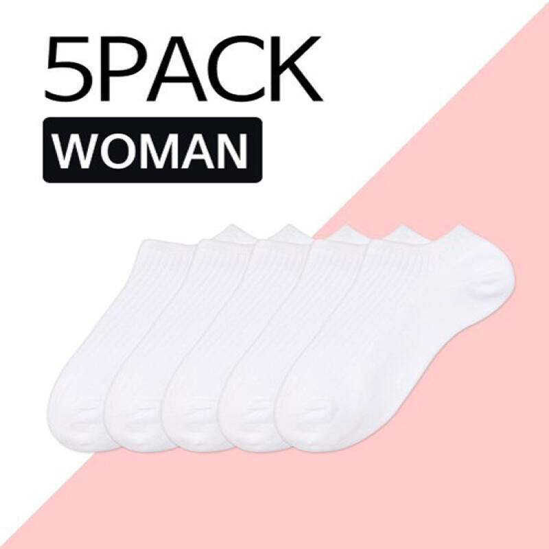 [5PACKS] Women s Plain Basic Sneakers with Ankle Socks - White White 5-legged
