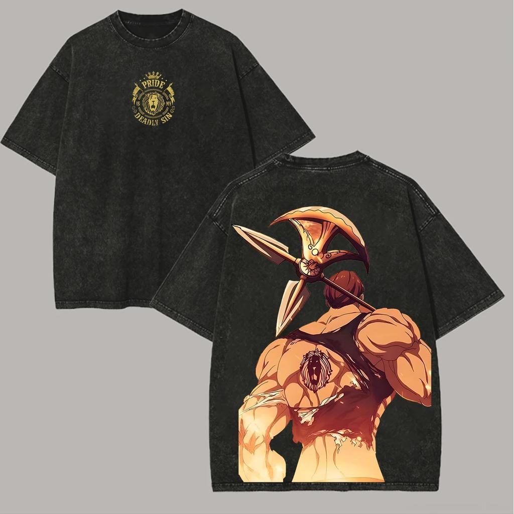 Anime-Liebhaber Sieben Todsünden Escanor Bedrucktes Unisex Gewaschenes Oversized T-Shirt Unisex Baumwolle Streetwear Kurzarm Unisex Kleidung