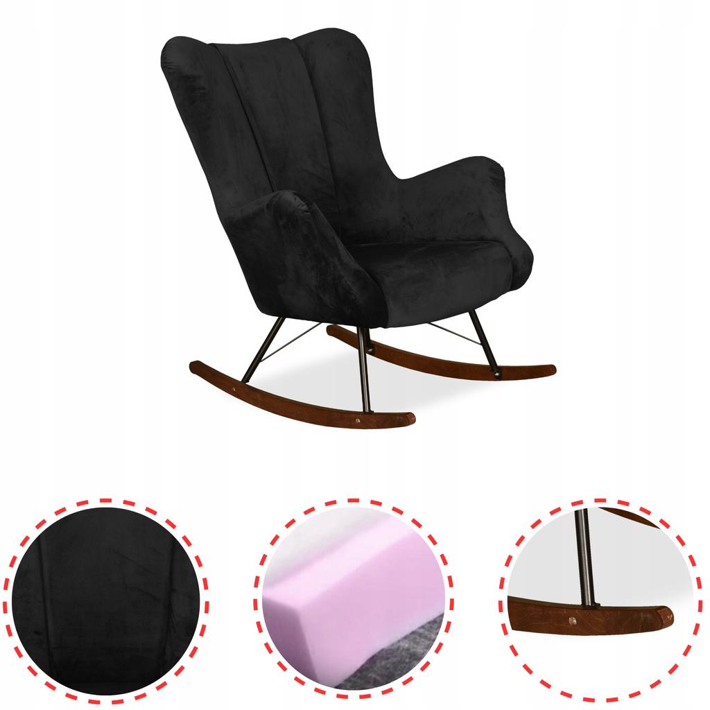 Scandinavian Vika Wing Chair, Rocking, On Runners, Family Meble, Black Velvet