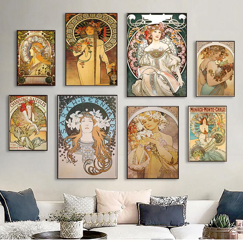 Vintage Room Decor Cloth Fabric Wall Poster Print Silk Fabric Custom Alphonse Mucha Poster Canvas Poster Art Home Decoration