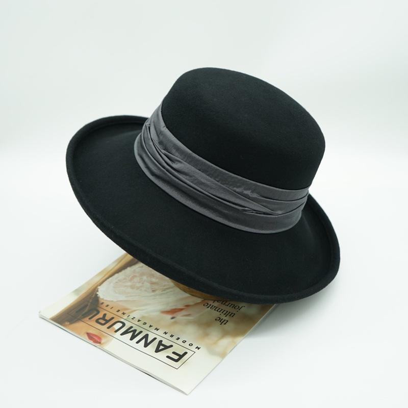 

French Elegant Retro Black Woolen Flanged Crimping Basin Hat Women S Autumn And Winter British Japanese Wide-Brimmed Hepburn Top Hat M（56-58cm）