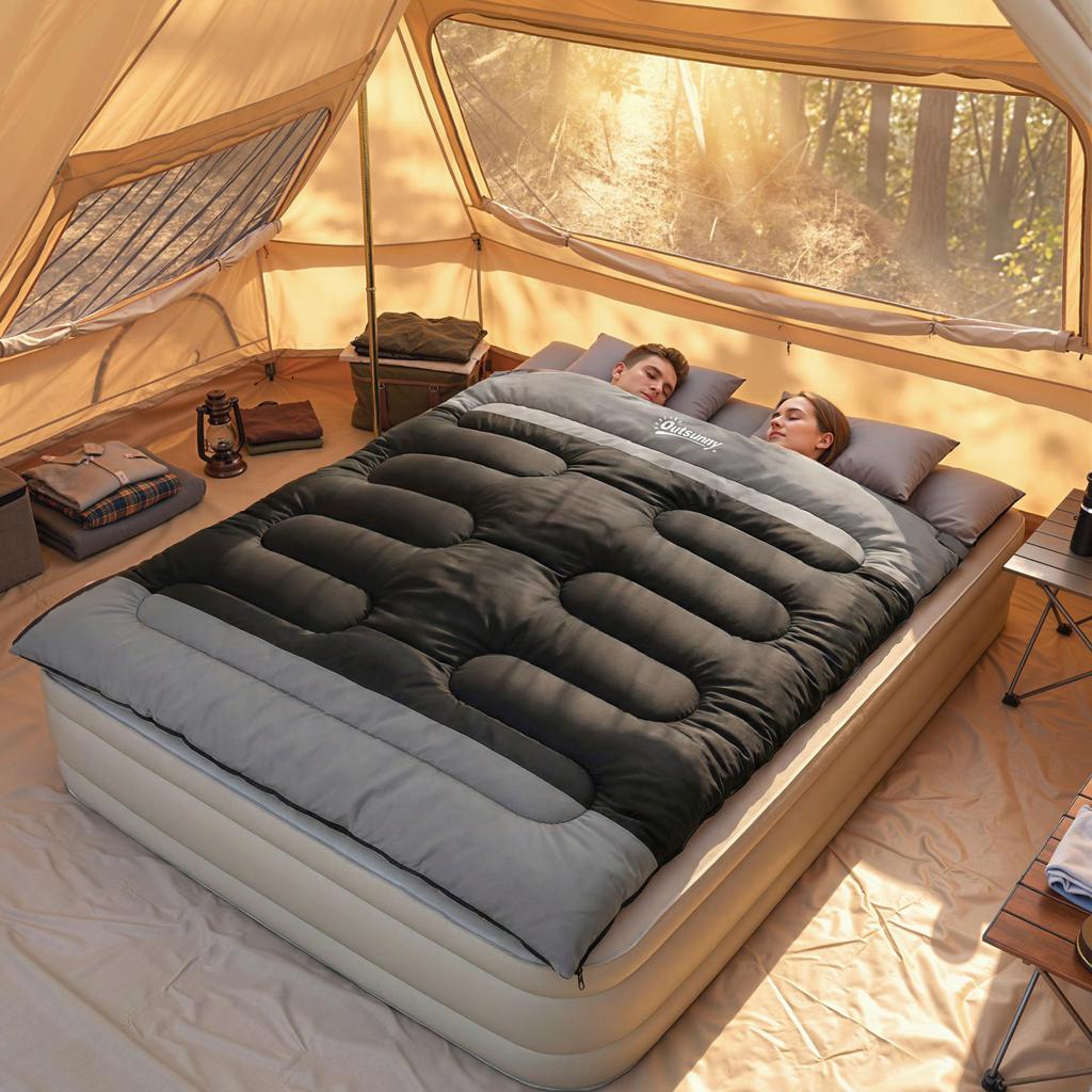 Double Sleeping Bag with 2 Pillows, 220 X 160 Cm Extra-Large Sleeping Bag for Adults, Black and Grey