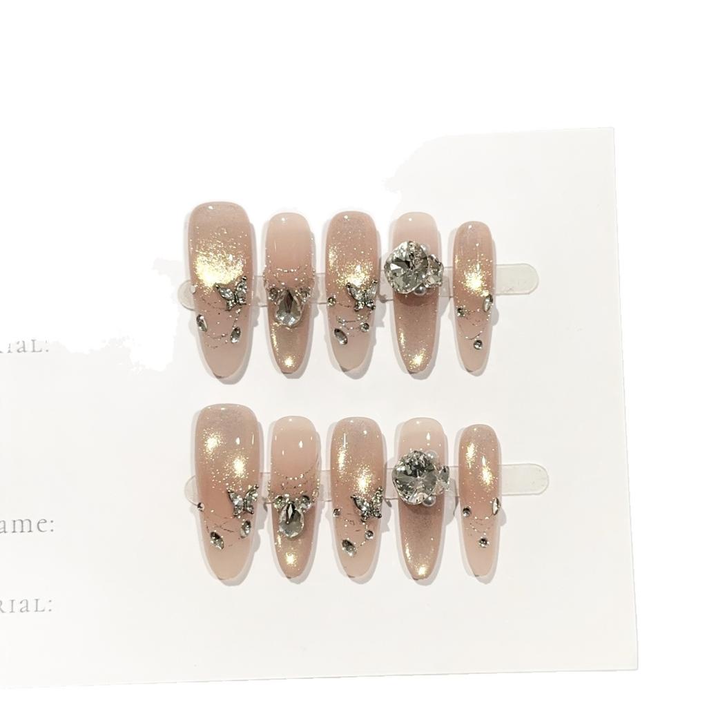 Women Long Press‑On Nails Pure‑Handmade Pink Gold Cat‑Eye Zircon Butterfly False Nail Patches
