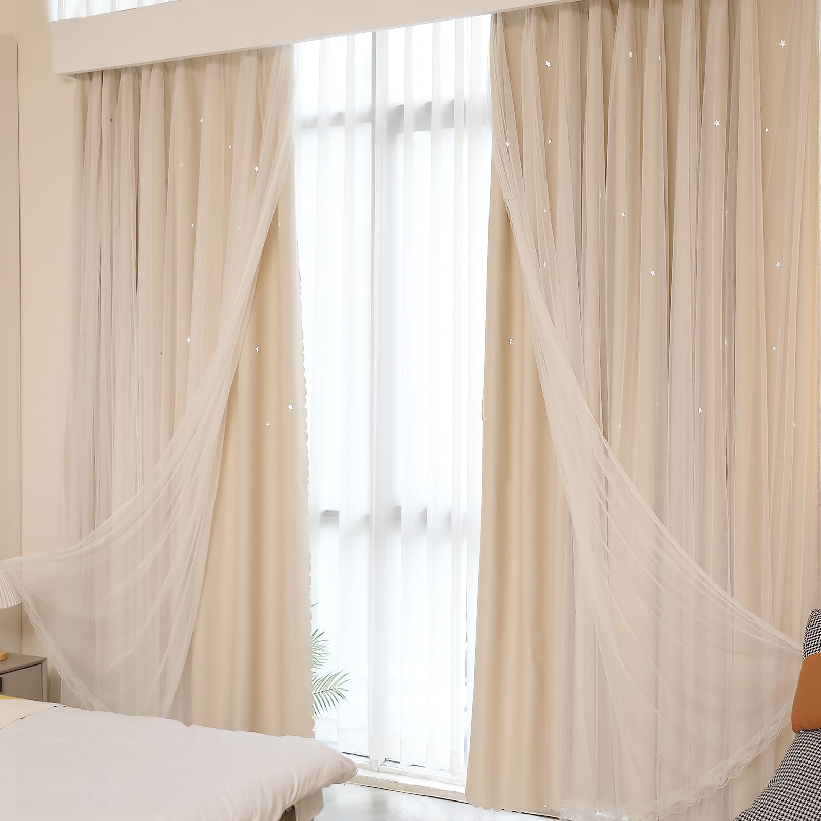 

blackout curtains with set of 110cm long x 100cm with hooks and easy adjustable heat suitable for small bay beige JOLLYVOGUE Princess-style lace, 2, бежевый