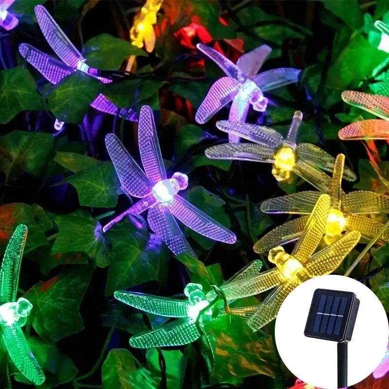 LED Solar Lamp Simulation Dragonfly Outdoor Fairy Light String Wedding Holiday Party Solar Garland for Camping Garden Decoration