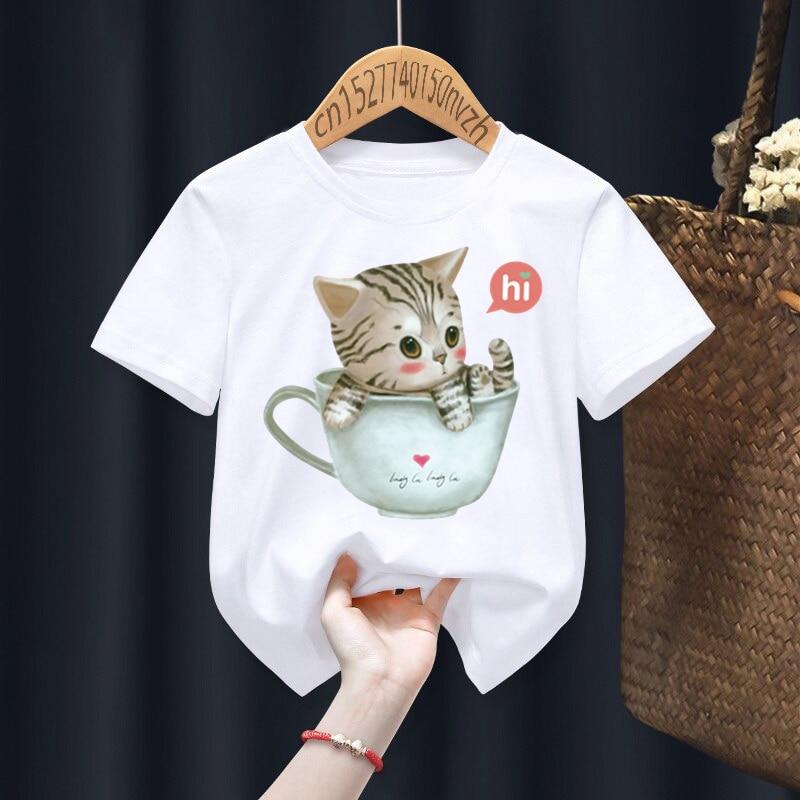 

Kawaii Meow Cat Котенок Девочки Принт Белая футболка Розовая чайная чашка Cat Kid Лето Забавная одежда Маленькая детская одежда