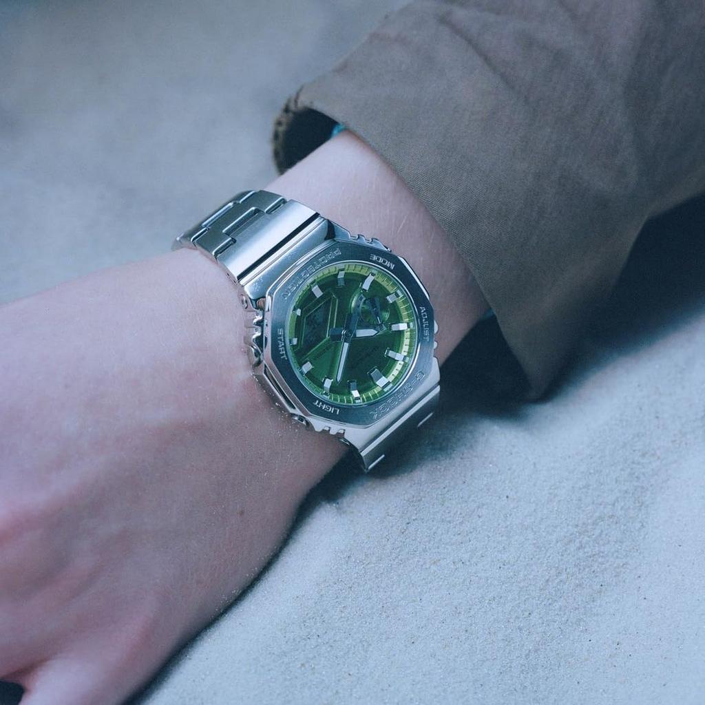 Casio Octagonal Lime Green Stainless Steel Watch Modern G-Shock GM2110D-3A, Silver,
