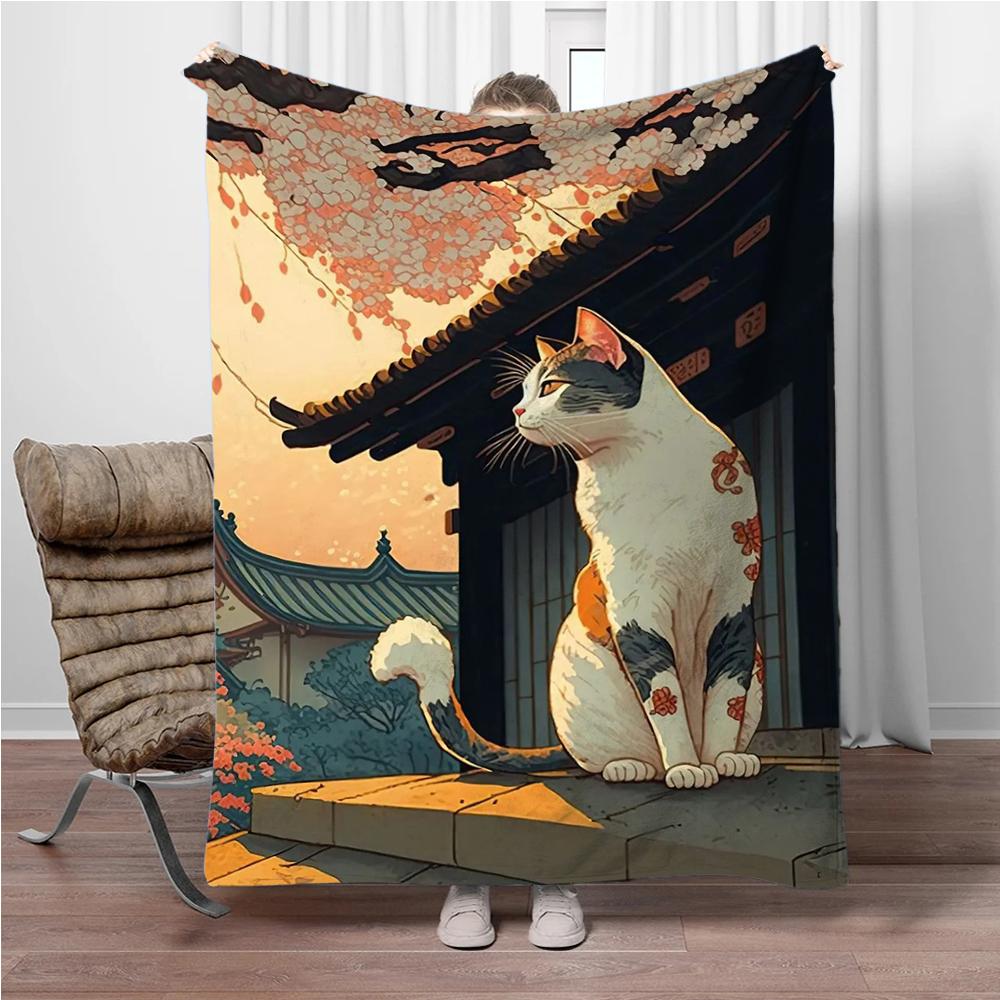 Cats Cherry Blossom Flannel Blanket Children Warm Soft Blanket for Sofa Bed Cover Blanket Suitable for Birthday Souvenir Gifts