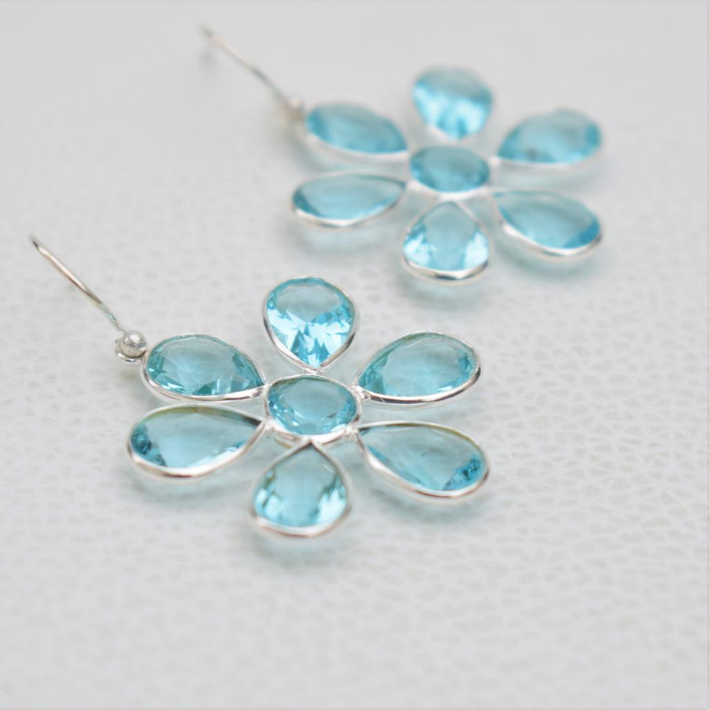 Blue Topaz Flower Earrings: Handmade 925 Sterling Silver Dangle Earrings