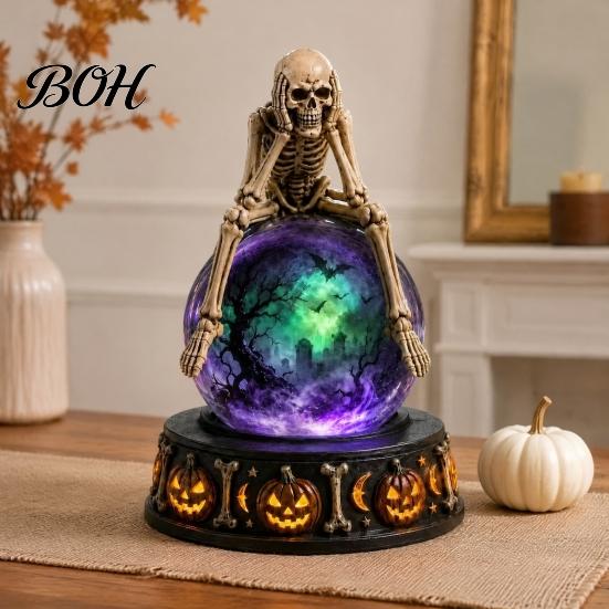 Samlarobjekt i vintagestil med LED-ljus, Halloween-dekor i falsk kristallkula, Hartsfigur av häxa/skelett/katt/spöke med läskig hemdekor