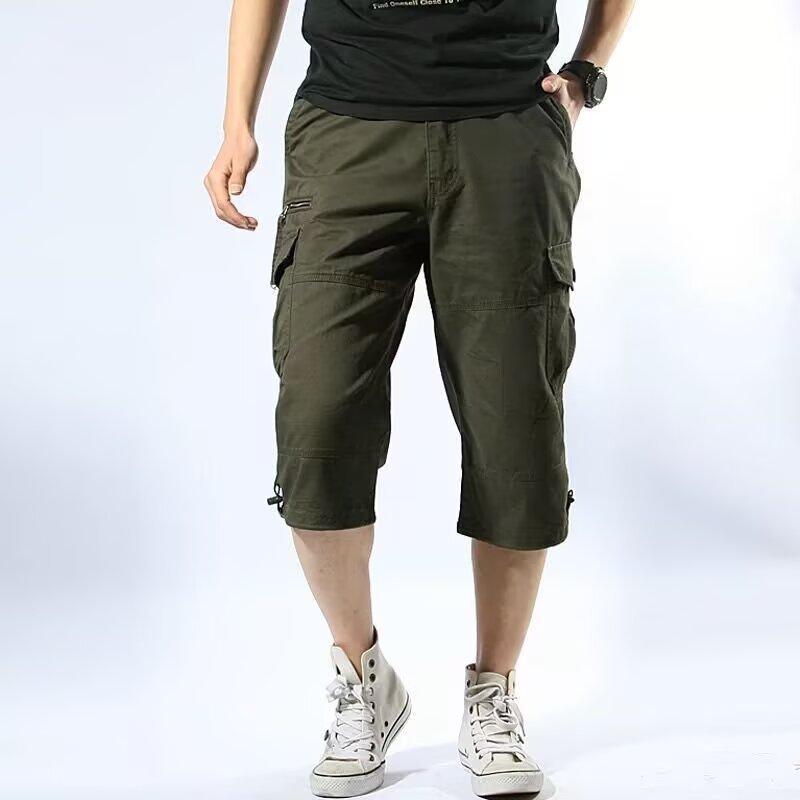 Men's Cargo Bermuda Shorts Multi Pocket Zipper Fly Solid Color Elastic Waist Casual Summer Shorts