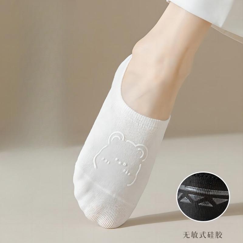 5 Paar Damen Anti-Rutsch und Nicht-Abfallende Bootssocken, Sommer Dünn und Trendy Flach Anti-Rutsch Silikon Cartoon Bär Unsichtbare Socken