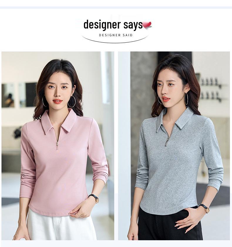 2025 Women's Slim Fit Long-Sleeve Polo Collar T-Shirt - Solid Color Base Layer for Spring and Autumn
