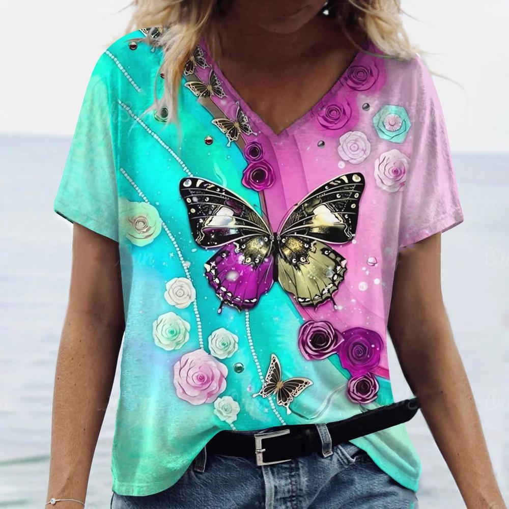 Summer Fashion Butterfly Flower T-Shirts 3D Print Women Short Sleeve V-Neck T Shirt Casual Top Y2k Harajuku Tees Female Clothing