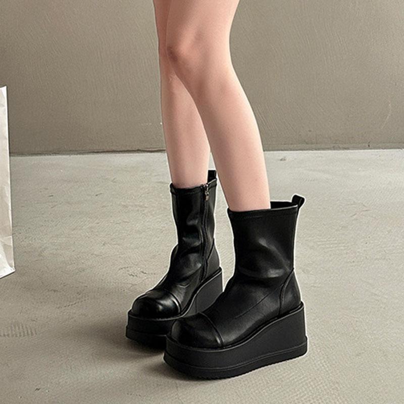 Fashion British Style Thick Bottom Round Head Ankle Boots for Women Female Autumn Thick Bottom Gothic High Heels Women's Short Boots