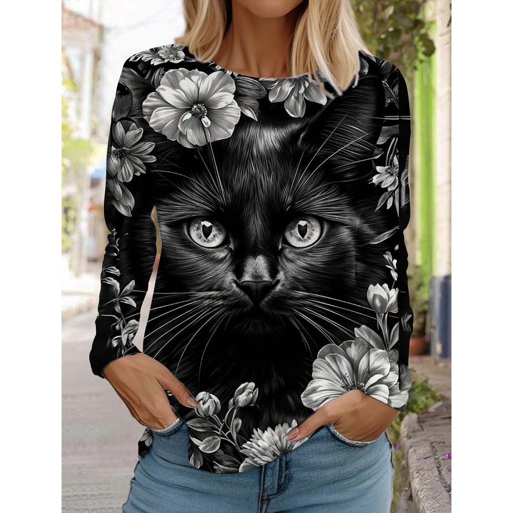 Christmas Cute Cat Women's Long Sleeve T-Shirt Autumn Animal Clothing Holiday Fashion Party T-Shirt