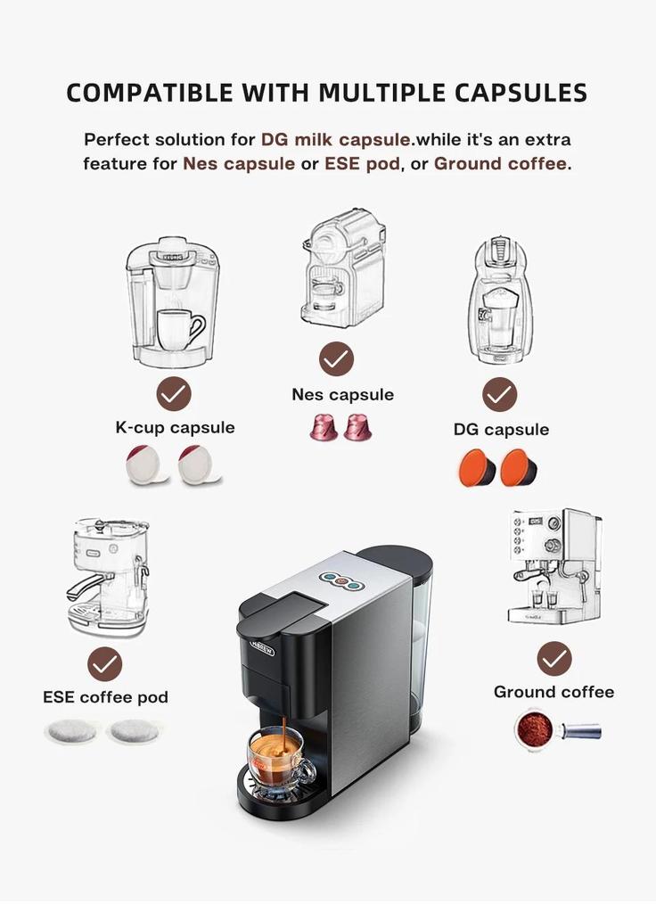 HiBREW Coffee Machine 5in1 Multiple Capsule Espresso Dolce Milk&Nespresso&ESE Pod&Powder Coffee Maker Stainless Metal H3A