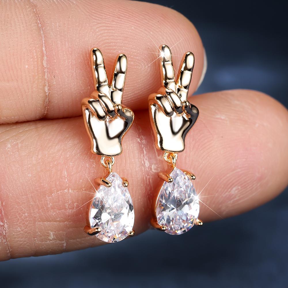 Unique Golden Finger White Zircon Water Drop Dangle Earrings for Women Funny Jewelry Gift