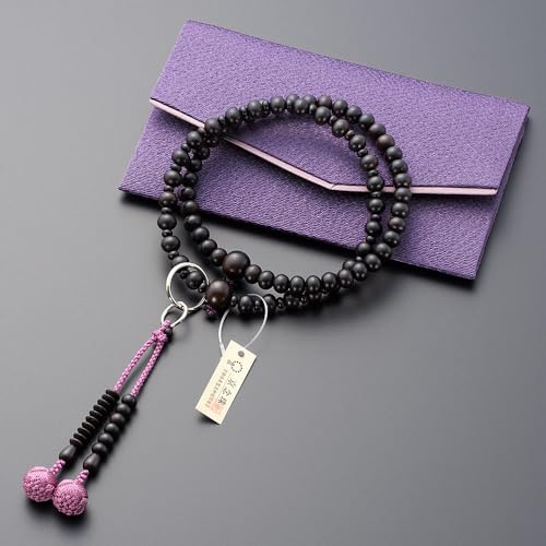 [Takita Shoten Buddhist Altar Shop] Jodo Sect Formal Prayer Beads for Women, Striped Ebony (Matte), 8 inches, Pure Silk Flower Brahma Tassel, Includes
