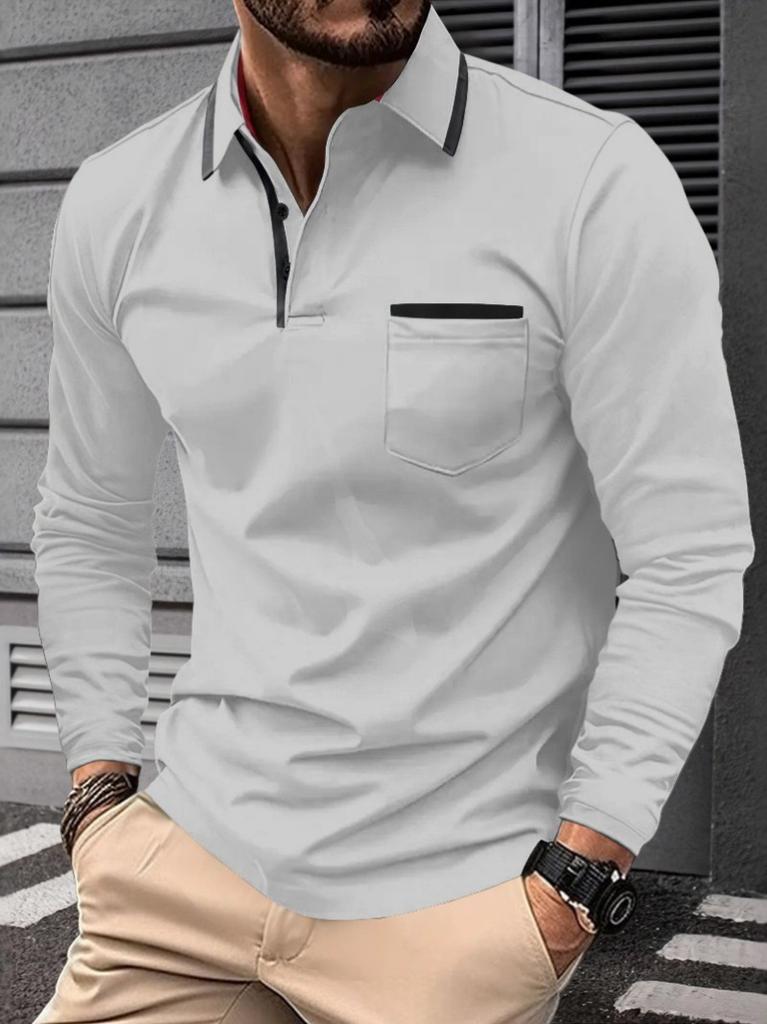 Men's New Cross-border Fashion Lapel Collage Button Men's Casual Sports Long Sleeved Polo Shirt