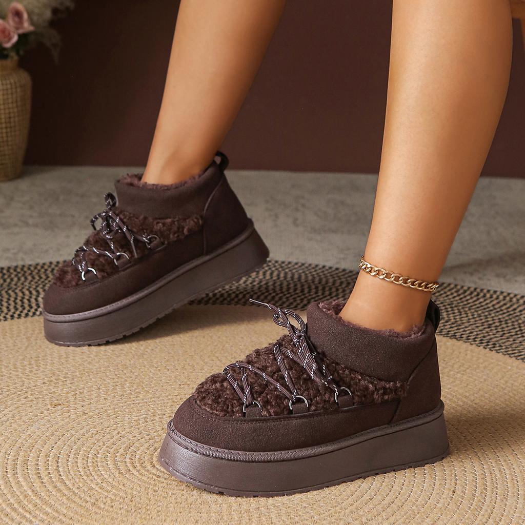 Fashion Casual Thick Bottom Snow Boots Women 2025 Winter Comfort Round Toe Short Plush Booties Fashion Lace Up Decoration Furry Boots