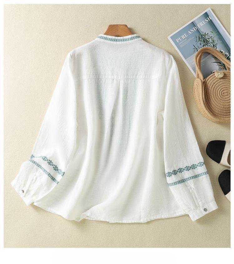 Retro Embroidered Cotton Linen Stand Collar Loose Long Sleeve Women's Shirt Spring Tops