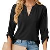 Autumn and Winter New Solid Color V-neck All-match Casual Button T-shirt Loose Top for Women