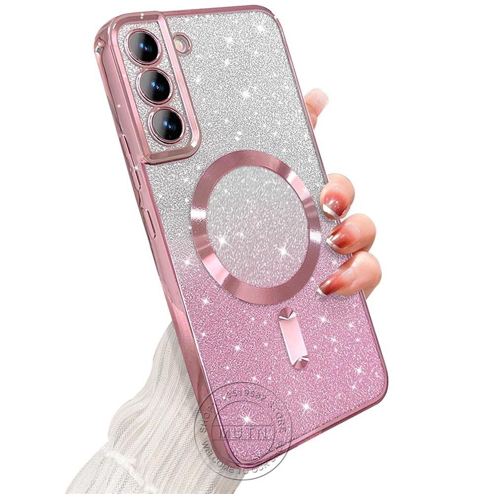 Bright Glitter Cover For Samsung Galaxy S25 S24 S23 S22 S21 S20 Plus FE Note20 Ultra Case Plating Wireless MagSafe Magnetic