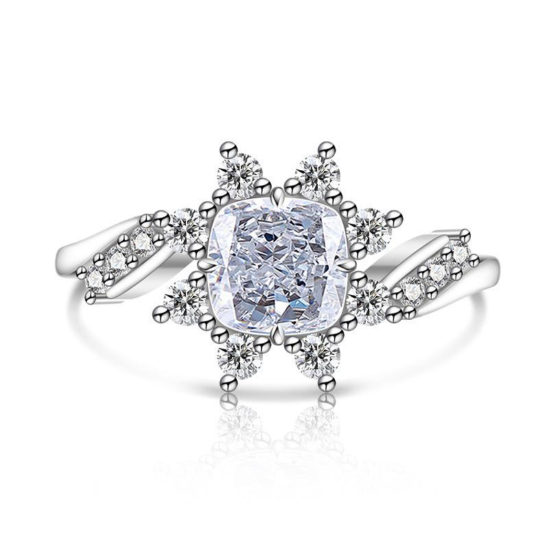925 Sterling Silver Bright Ice Flower Cut High Carbon Diamond Twist Sunflower RingGood product