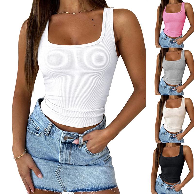 Women White Ribbed Knit Square Neck Tank Top S