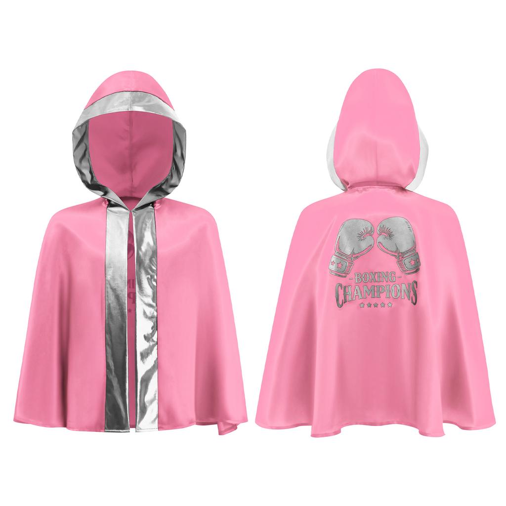 Kids Boys Girls Boxing Costume Halloween Cosplay Cloak Open Front Metallic Trim Letter Printed Back Hooded Boxer Robe