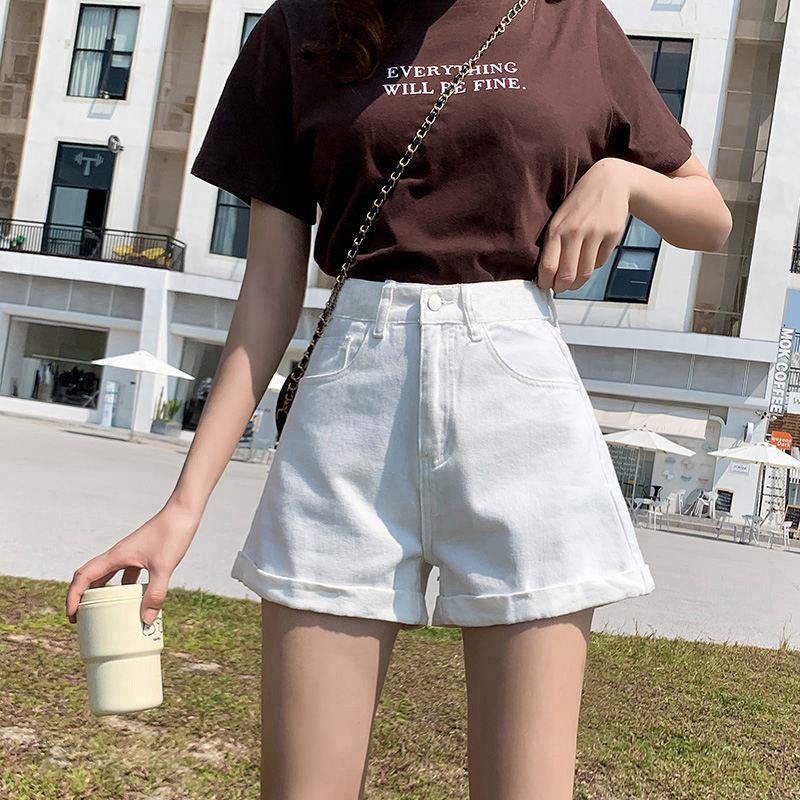 Women's High Waist Denim Shorts - Loose A-Line, Rolled Hem, Summer 2021, Korean Style Trend