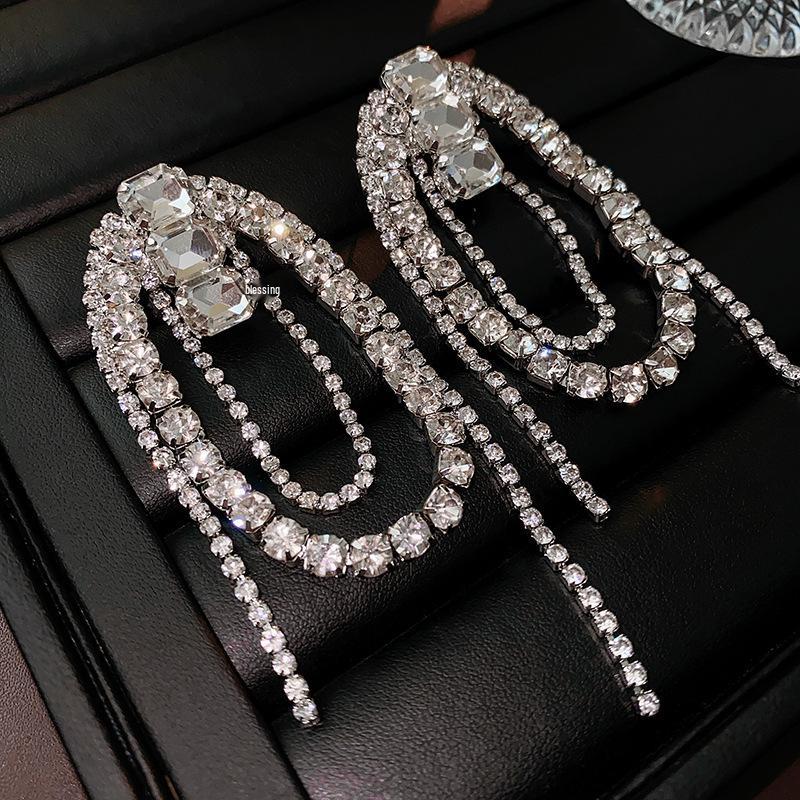 2025 Light Luxury Silver Needle Diamond Flower Tassel Earrings - Elegant European & American Style for Women