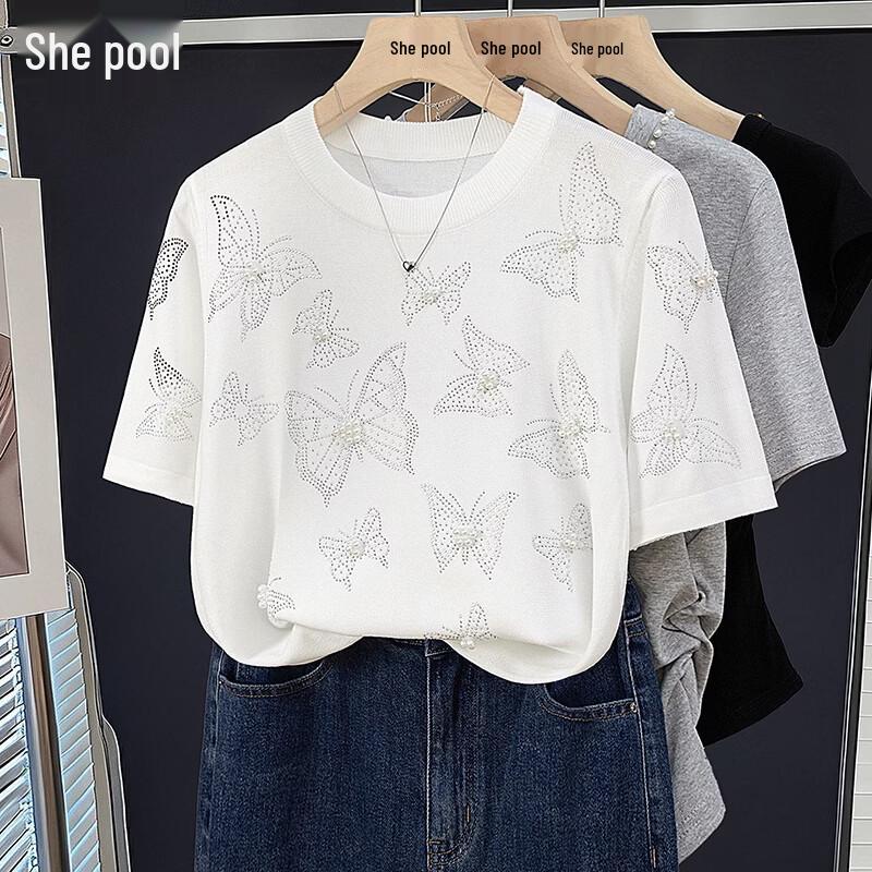 

Women s Beaded Butterfly Ice Silk T-shirt One Size