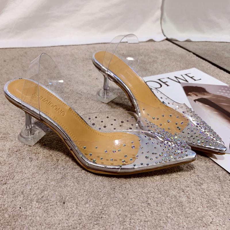 

Fashion Women s Fashion Bun Head Stiletto Sandals Summer New Pointy Head Shallow Mouth Glitter Anti-slip Wear-resistant High Heels 35