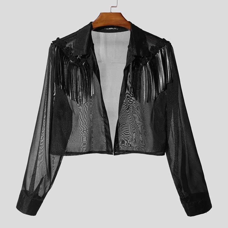 

INCERUN Men Long Sleeve Embroidery Tassel Patchwork Open Front Cropped Shirts чёрный