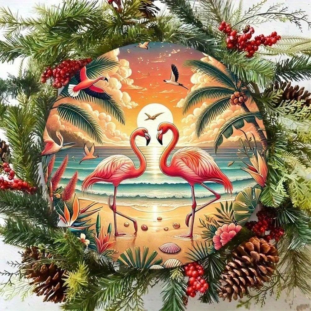Vintage Retro 8x8 Inch Round Metal Wall Art Tropical Flamingo Sunset Tin Sign For Home Bar Cafe Kitchen Decor