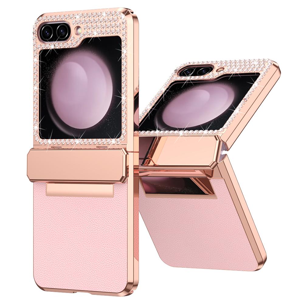 For Samsung Galaxy Z Flip7 FE 5G/Flip6 5G Case Rhinestone Decoration Electroplating PU Leather+PC Phone Cover