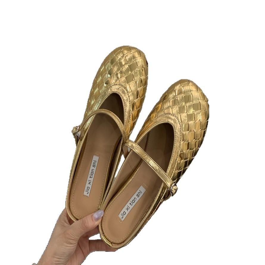 2025 Summer New Hand-woven Roman Shoes Square Head Shallow Mouth Soft Sole Word with Flat Bottom Mary Jane Single Shoes Women