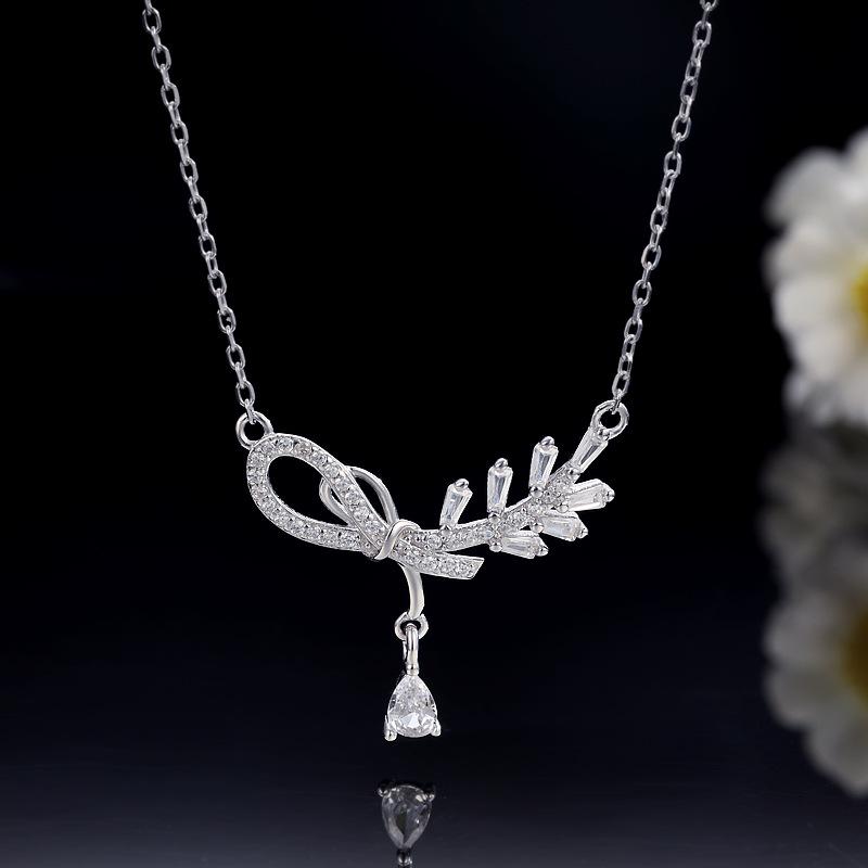 

S925 Sterling Silver Bow Knot Wheat Ear Necklace - Elegant Teardrop Clavicle Chain for Women and Girls 925 Silver