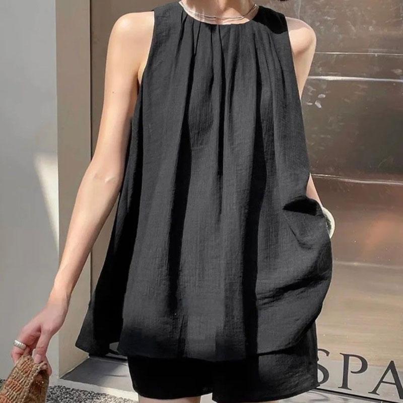 

Летние Стильные Складки Комплекты в Тон Без Рукавов Свободный Вырез Лодочкой Комплект из Двух Предметов Базовые Однотонные Повседневные Комплекты с Шортами XXL чёрный